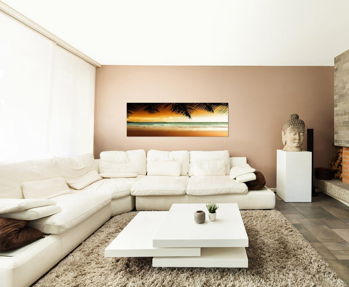 Panoramabild auf Leinwand und Keilrahmen 150x50cm Karibik Sandstrand Meer Palmen Abendsonne