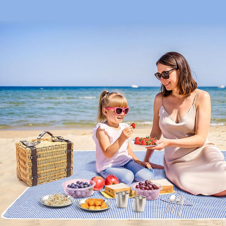 Weiden-Picknickkorb für 2 Personen, Weidenkorb mit Wasserfester Picknickdecke und Besteckset, Pickni