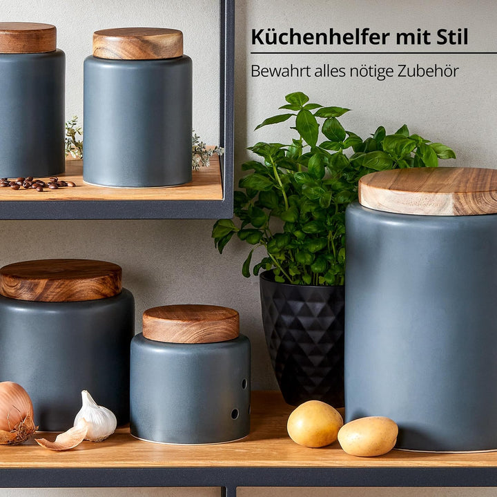 KHG Knoblauchdose 13,5cm x 13cm, Keramik Steingut in Anthrazit Grau mit Holz-Deckel aus Bambus, rund