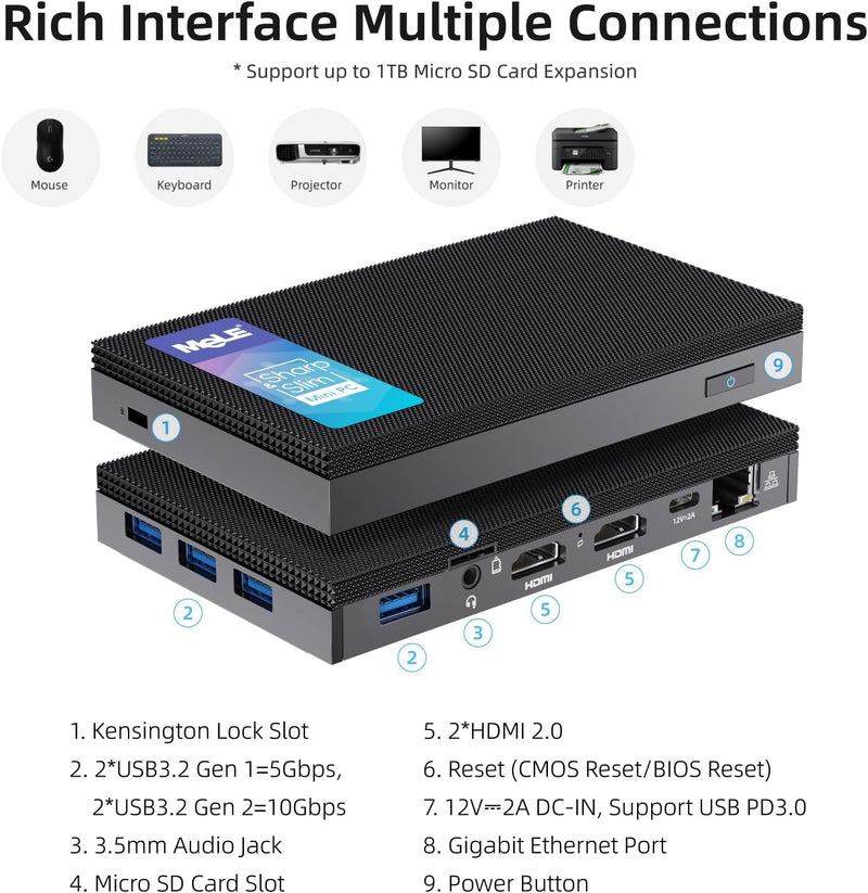 MeLE Mini PC, Quieter3Q Celeron N5105 8GB 128GB Windows 11 Pro Micro Computer Lüfterlose Kleine Desk