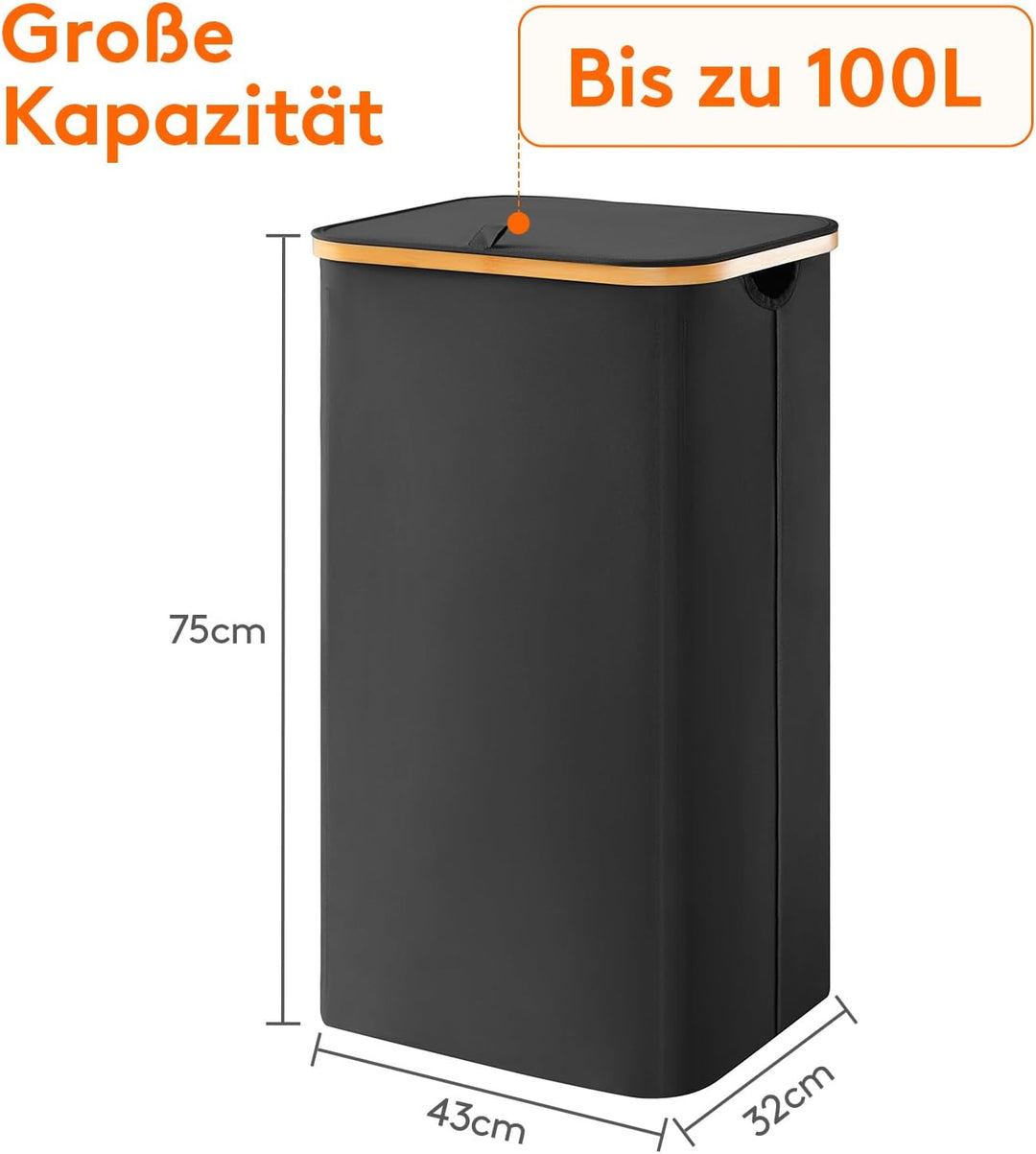 Lifewit 100L Wäschekorb mit Deckel, Wäschekörbe für Wäsche mit Bambus Griffe und Eine Abnehmbare Wäs