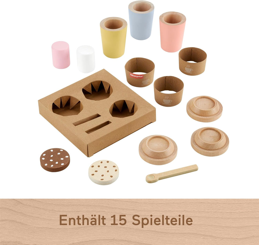 Fisher-Price Rollenspielset, Coffee-to-Go-Set aus Holz, Kaffeetassen und Leckereien für Kindergarten