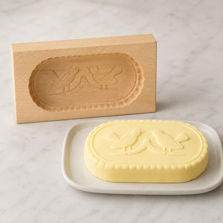HOFMEISTER® Butterform, für 250 g Butter, 19 cm, 2 Vögel, handgeschnitzt in Deutschland, Butter-Form