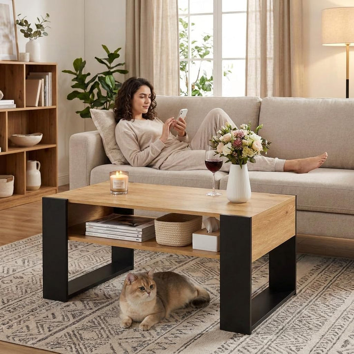 Couchtisch mit LED-Beleuchtung und Stauraum, Wohnzimmertisch Holz, Moderner Sofatisch mit U-förmigen