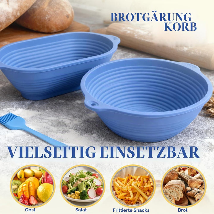 Brot Gärkorb Set: 29cm Gärkörbchen Oval + 23cm Gärkörbchen Rund + Ölpinsel, Faltbarer,mit Aufhängelo