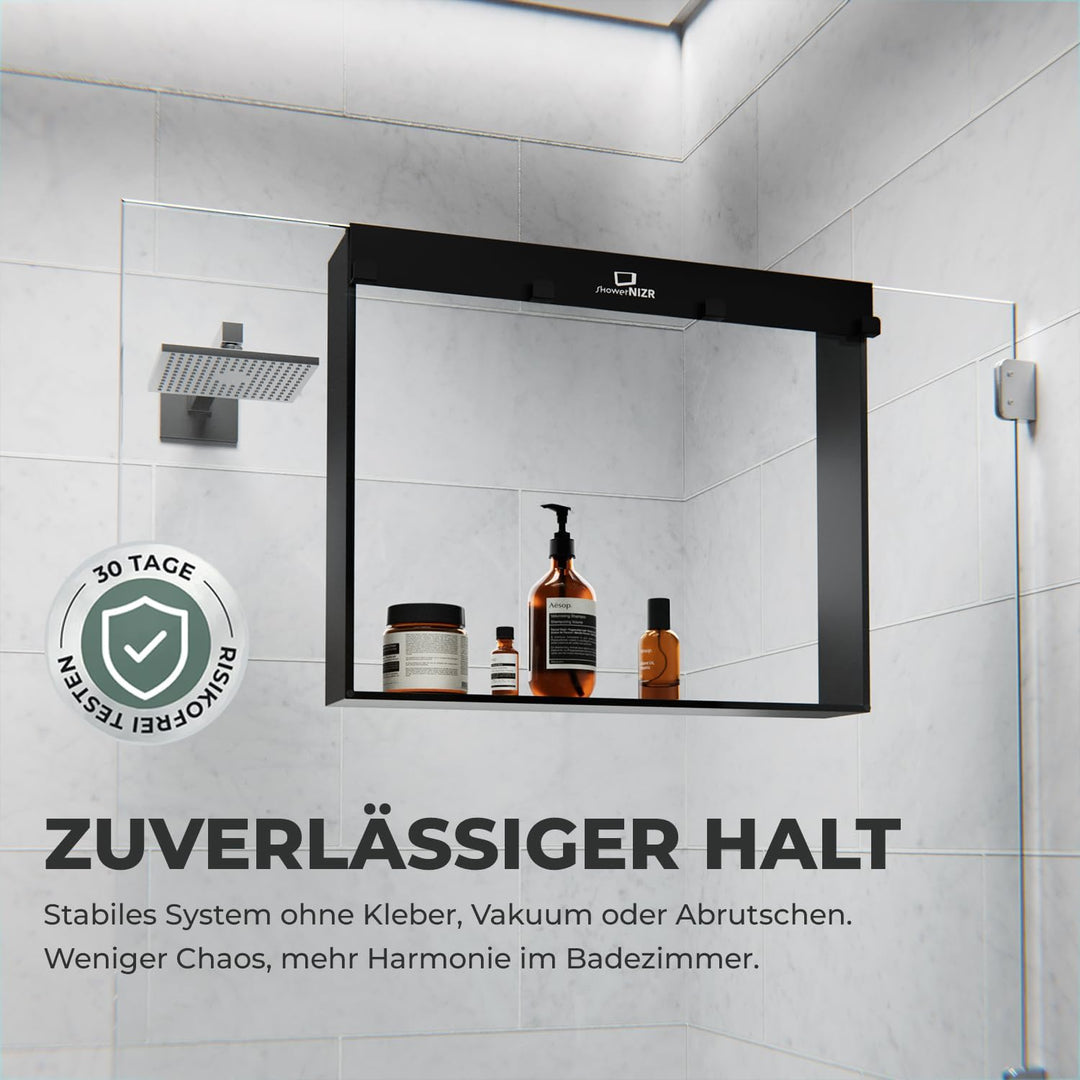 ShowerNIZR Duschregal Schwarz - Duschablage ohne Bohren für Duschwand zum Hängen aus Edelstahl mit 4