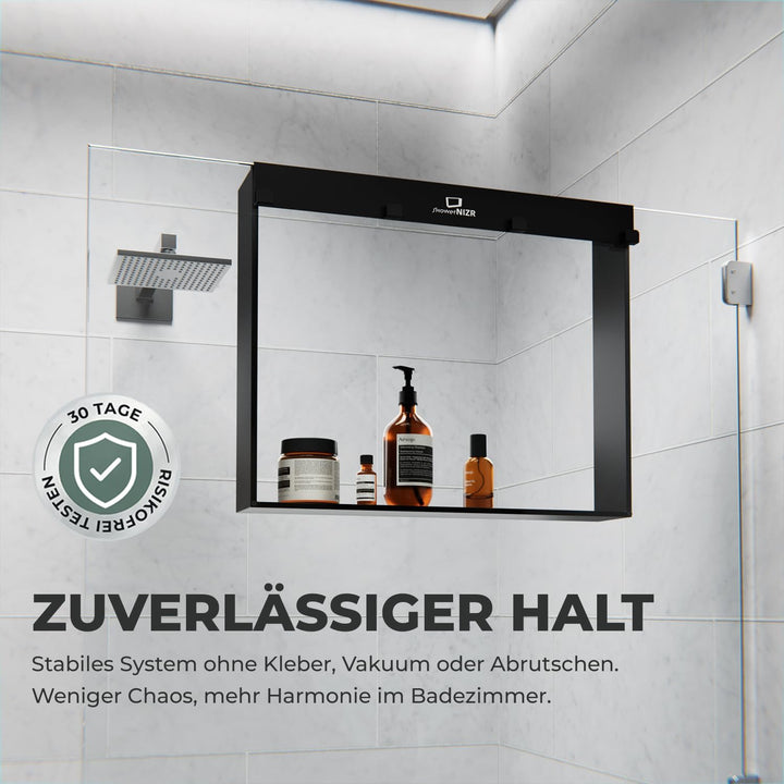 ShowerNIZR Duschregal Schwarz - Duschablage ohne Bohren für Duschwand zum Hängen aus Edelstahl mit 4