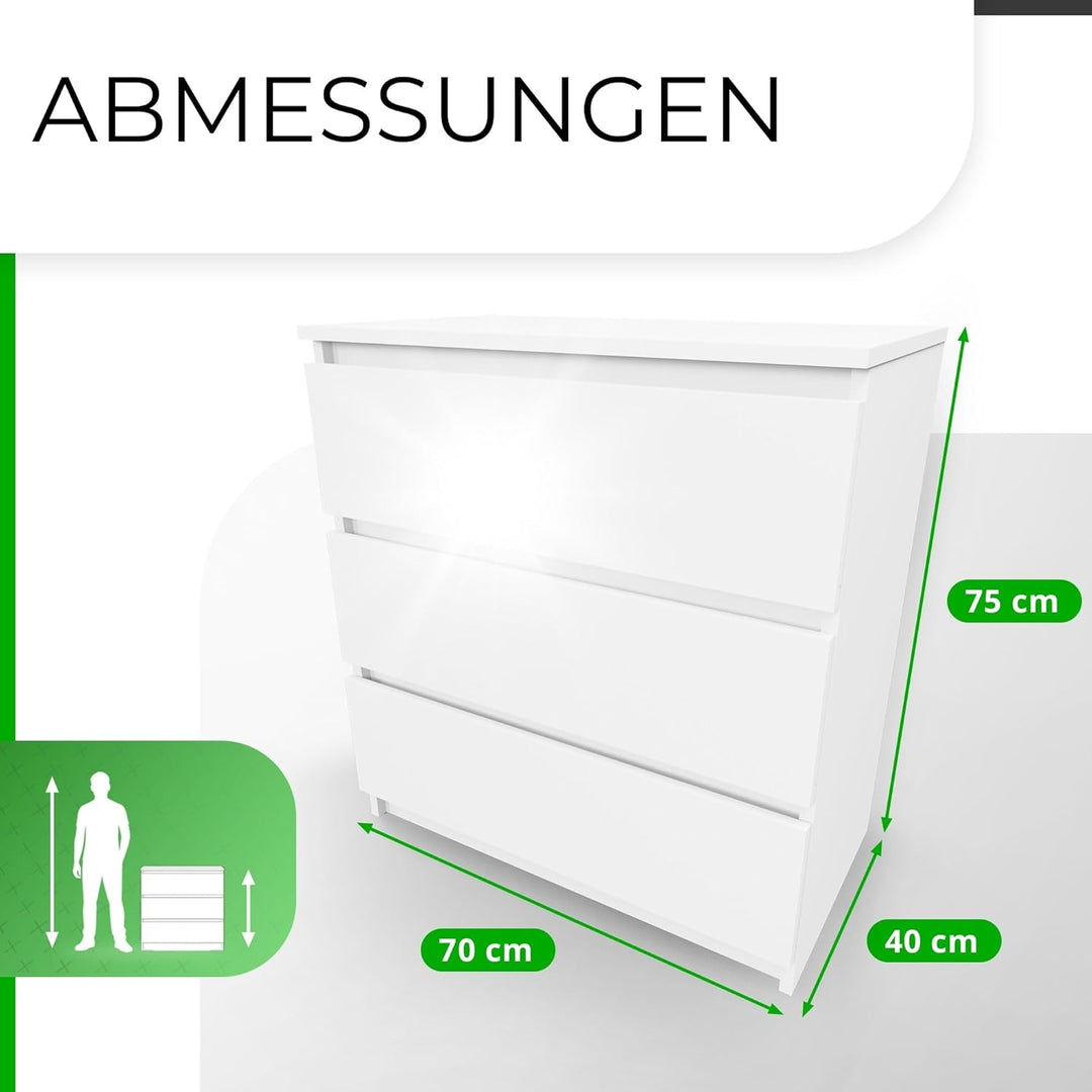 CDF Kommode Malwa M3 | Farbe: Weiss glänzend | Schrank für Dokumente, Kleinigkeiten | Ideal für Wohn