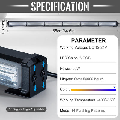 90 cm LED Rundumkennleuchte 60W Blau Rundumleuchte für Auto Anhänger Wohnwagen SUV -14 Blinkende Str