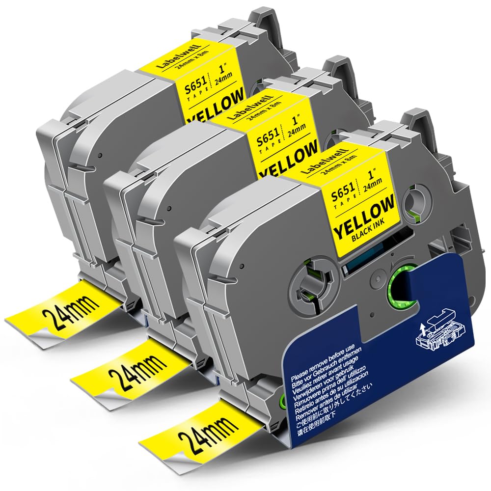 3x Labelwell 24mm kompatibel Schriftband Ersatz für TZ TZe-S651 TZeS651 Schwarz auf Gelb Extra-Stark