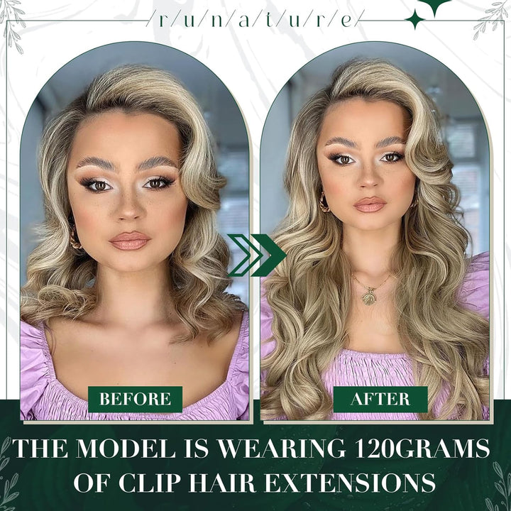 RUNATURE Extensions Clip in Echthaar Aschbraun mit Platinblond Remy Haarverlangerung Echthaar Clip i
