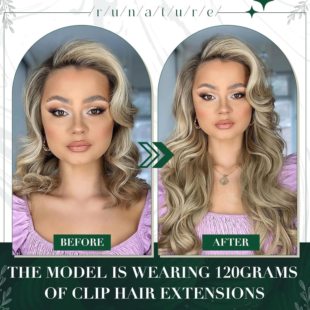 RUNATURE Echthaar Extensions Clip in Remy Haar Clip in Seidig Echthaar Aschbraun mit Platinblond Cli