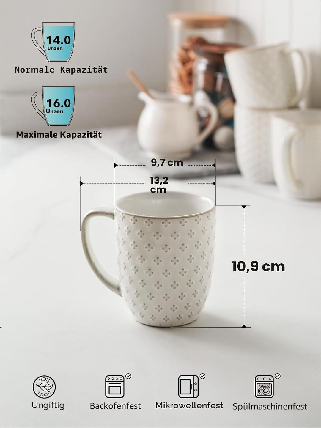 LE TAUCI Kaffeetassen Set, 473 ml, Keramiktassen Kaffeebecher, Prägetassen Grosse Tassen für Latte,