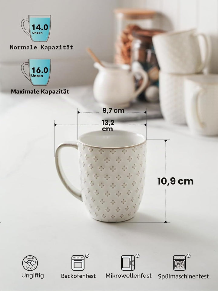 LE TAUCI Kaffeetassen Set, 473 ml, Keramiktassen Kaffeebecher, Prägetassen Grosse Tassen für Latte,