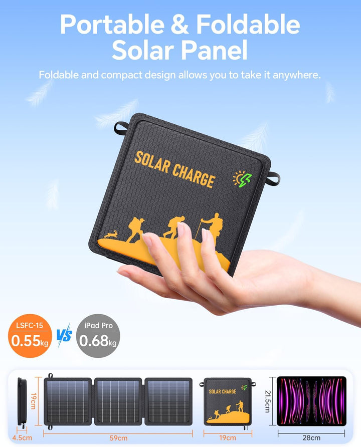 15W Solarpanel Faltbares, WASTDE Tragbar Solarladegerät ETFE mit Hohe Umwandlungsrate, USB-A und 3A