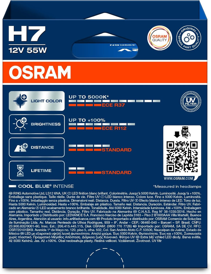 Osram Cool Blue Intense H7, mit 100 Prozent mehr Helligkeit, bis zu 5.000K, Halogen-Scheinwerferlamp