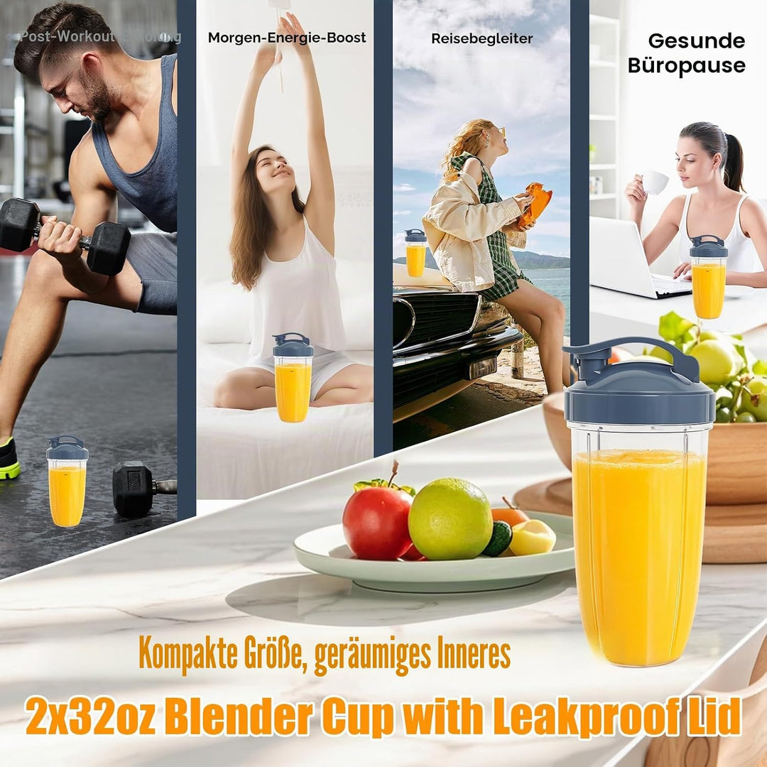 Poweka Ersatzteile Kompatibel mit Nutribullet 600 W/900 W Mixer, 2 Gläser à 32 oz mit Klappdeckel Ko