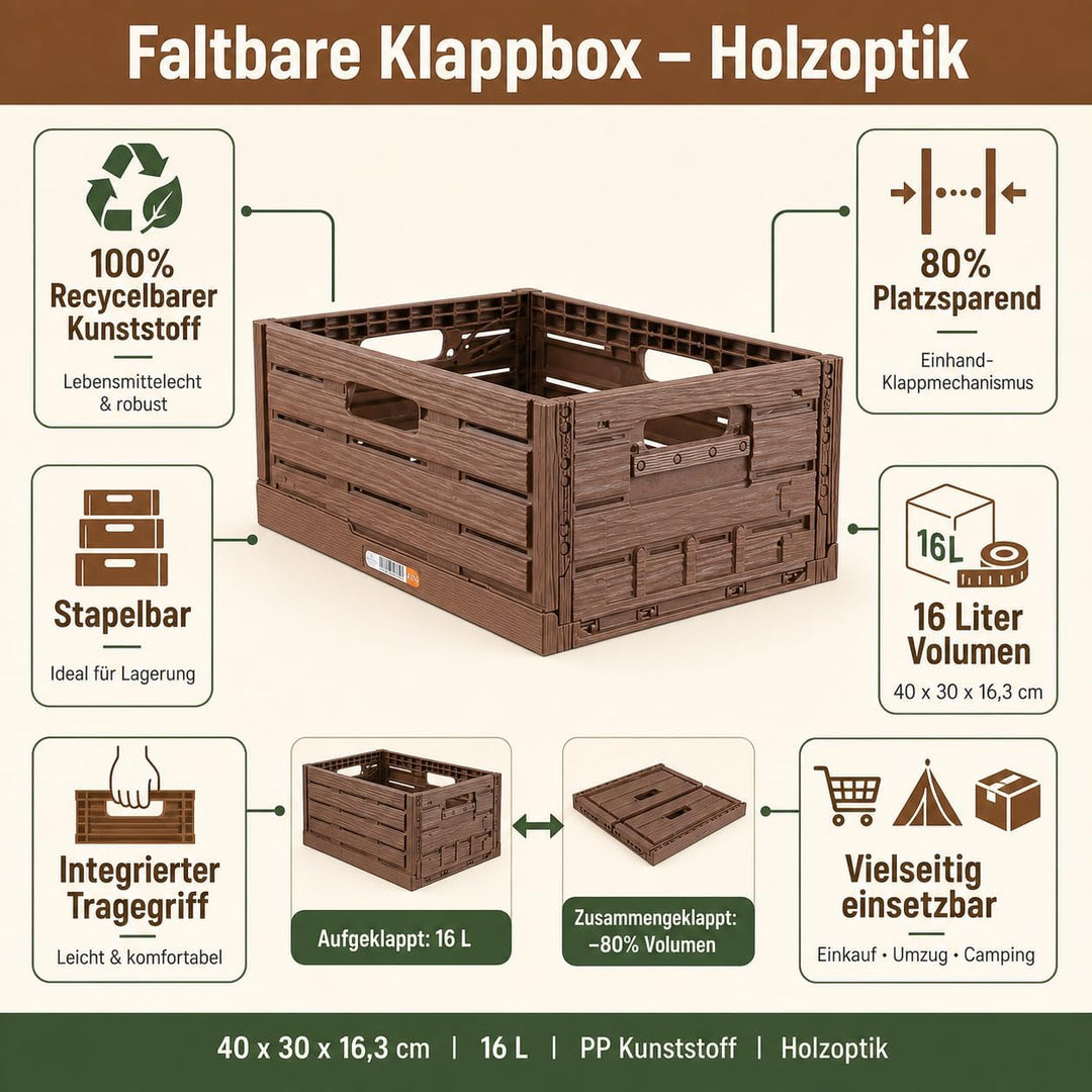 Bestlivings Stabile Faltbox 2er Pack Holzdesign 40 x 30 x 16,3cm ( LxBxH ) Stapelbarer Faltbarer Ein