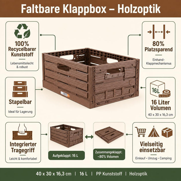 Bestlivings Stabile Faltbox 4er Pack Holzdesign 40 x 30 x 16,3cm (LxBxH) Stapelbarer Faltbarer Einka