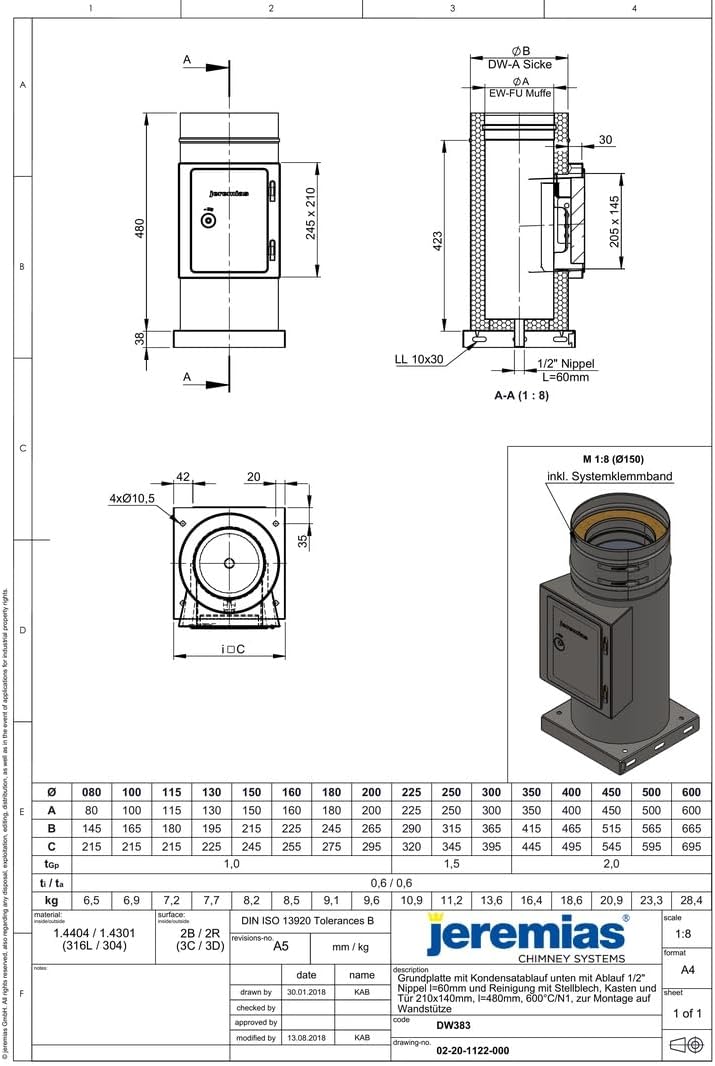 Jeremias DW-FU Ø 100 mm Revisionselement mit Grundplatte Kondensatablauf Abgassystem Edelstahl bis 6