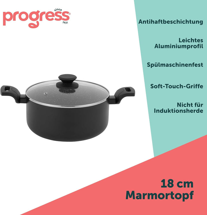 Progress Topf 24 cm, Kochtopf mit Deckel, mit Antihaftbeschichtung aus Metallmarmor-Keramik, leichte