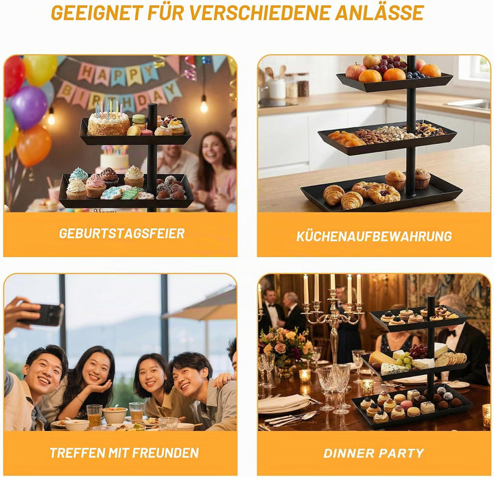 Obst Etagere 3 Stöckig, 360° Drehbare Obstschale Metall Schwarz für Desserts, Kuchen, für Partys und