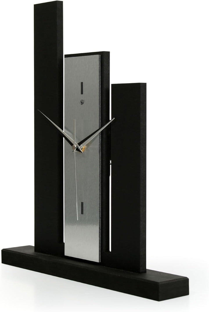 Kreative Feder Designer-Standuhr „Stairs“ aus Holz – Schwarze Tischuhr in modernem Metallic-Look ohn