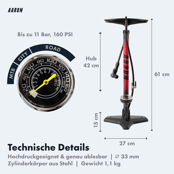 AARON Sport One Fahrrad Standpumpe mit Manometer für alle Ventile | Hochdruck Fahrradpumpe inkl. Bal