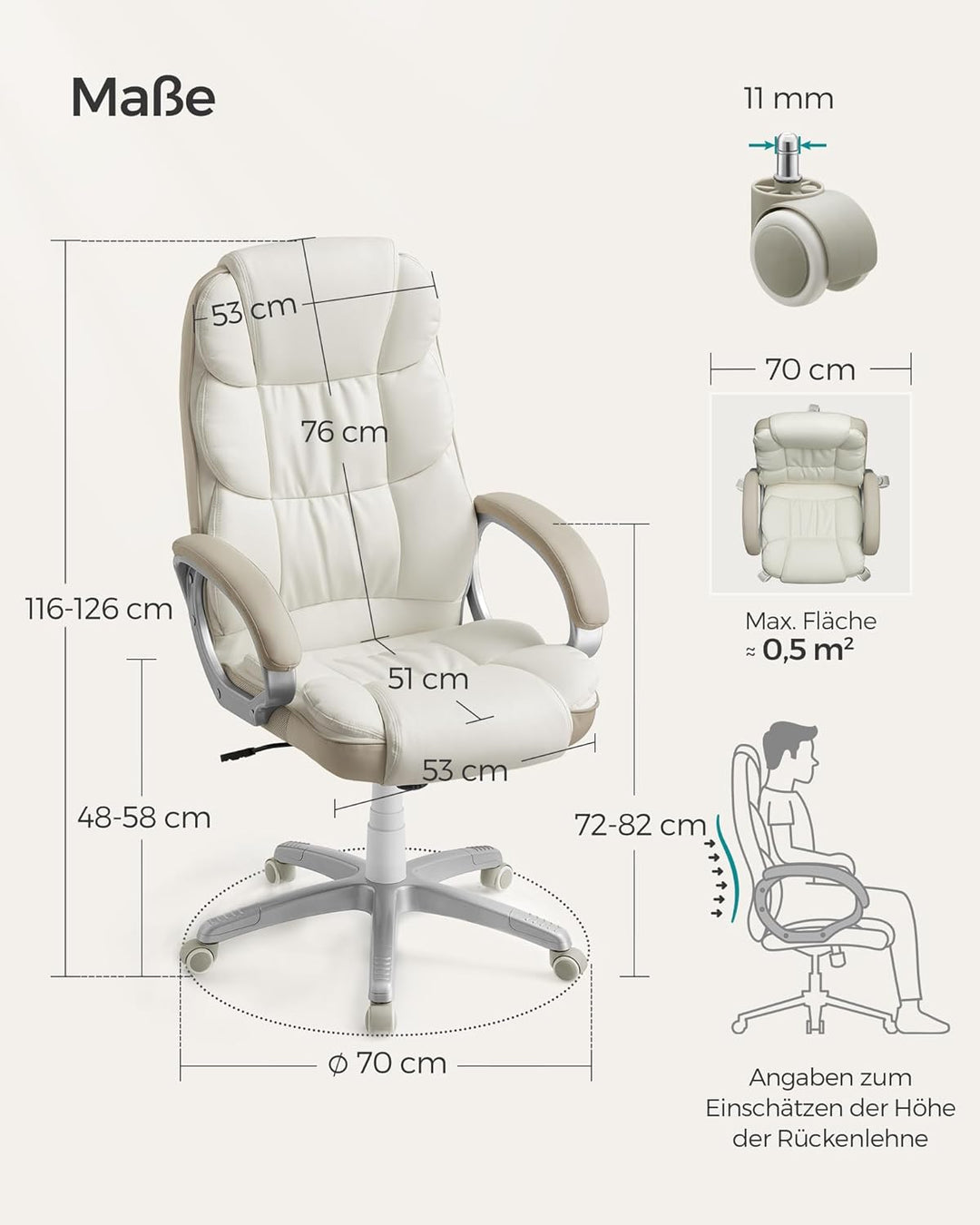 SONGMICS Office Chair, 6766(114-124) cm ‎cremeweiss 53 x 51 x (112-122) cm, ‎cremeweiss 53 x 51 x (1
