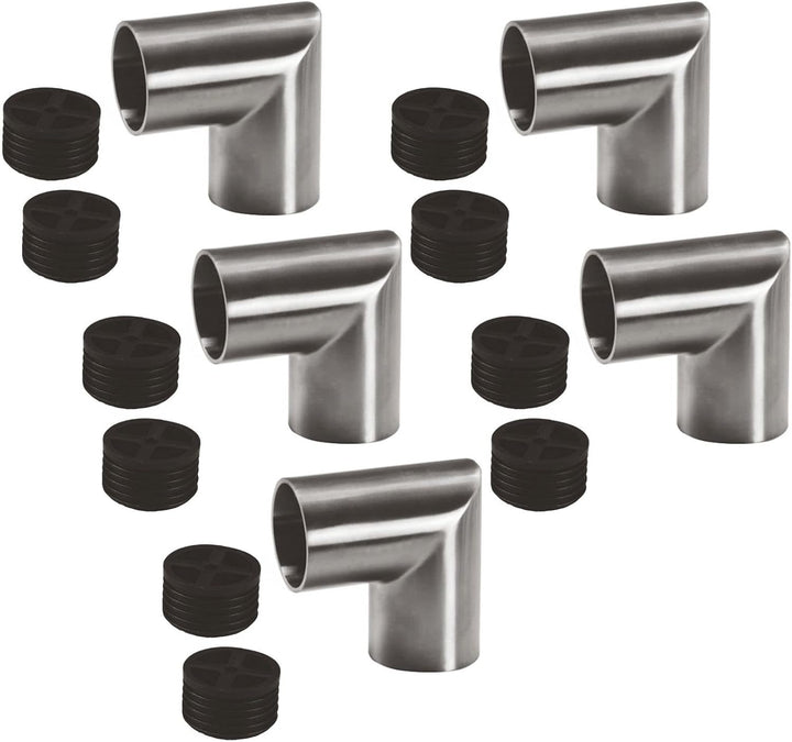 5 x Edelstahl Rundbogen 90° eckig inkl. 2 Adapter für Holzhandlauf Ø 42 mm, Eckverbinder 90°