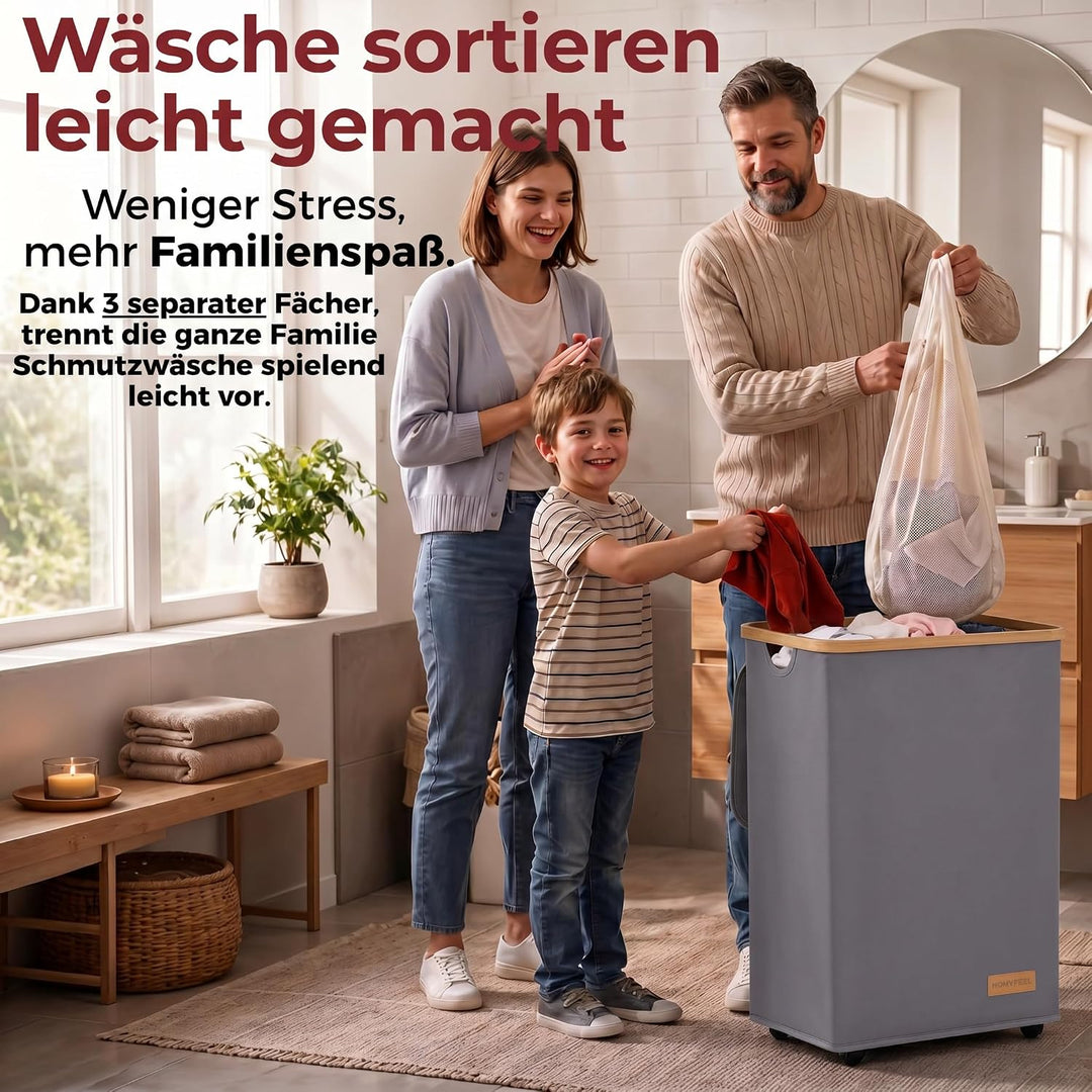 HomyFeel - Wäschekorb 3 Fächer rollbar, 160L Wäschesammler mit Deckel, Wäschesortierer gross, Oxford
