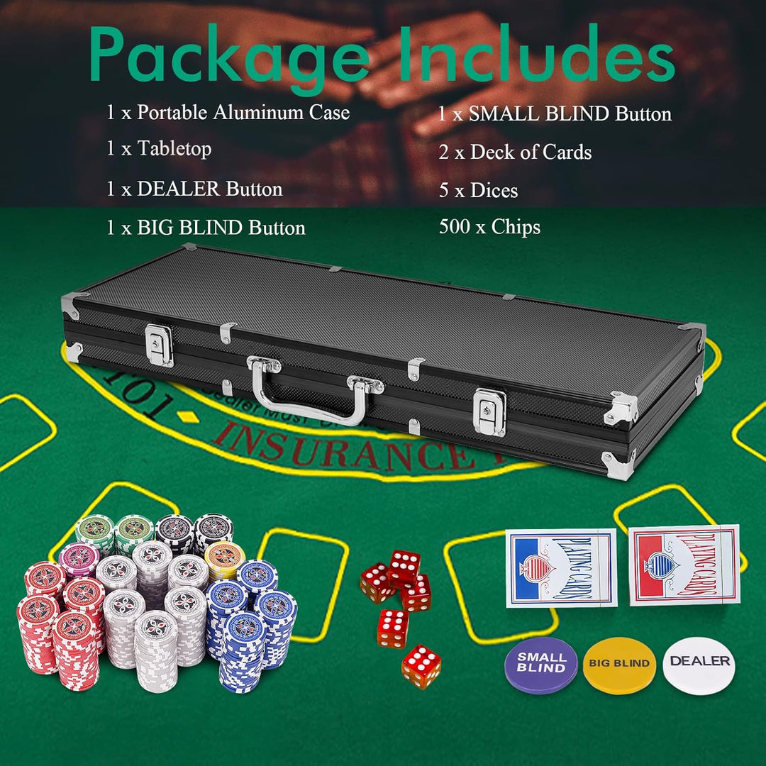 HOMASIS Pokerset mit 500 Chips, Alu Pokerkoffer mit 2 Kartendecks, 5 Würfeln, 3 Dealer Button & Matt