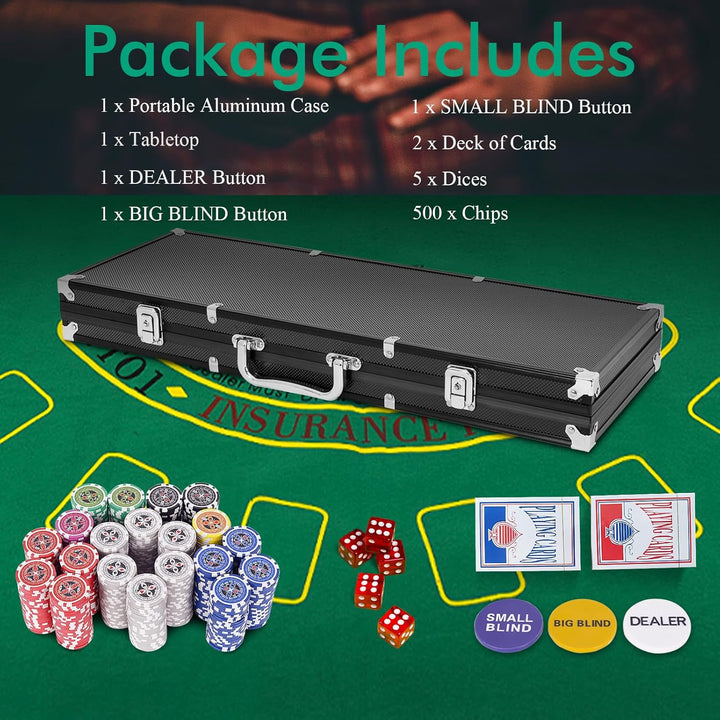 HOMASIS Pokerset mit 500 Chips, Alu Pokerkoffer mit 2 Kartendecks, 5 Würfeln, 3 Dealer Button & Matt