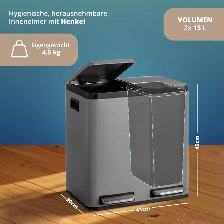 KHG Mülleimer 30 Liter (2x15L) Grau mit Tretfunktion - Abfalleimer zur Mülltrennung mit 2 separaten