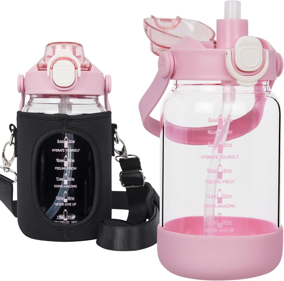 Seekua 1l Trinkflasche Glas Flasche mit Strohhalm & Zeitmarkierung, 1 liter Wasserflasche mit Frücht