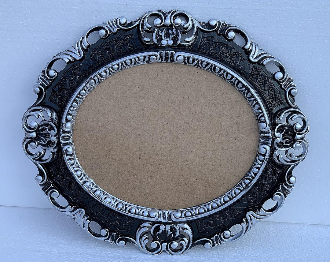 Bilderrahmen Barock SCHWARZ Silber Oval mit SCHUTZGLAS Antik Klassik 45x38 Prunk Bilderrahmen 24x30c