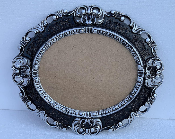 Bilderrahmen Barock SCHWARZ Silber Oval mit SCHUTZGLAS Antik Klassik 45x38 Prunk Bilderrahmen 24x30c