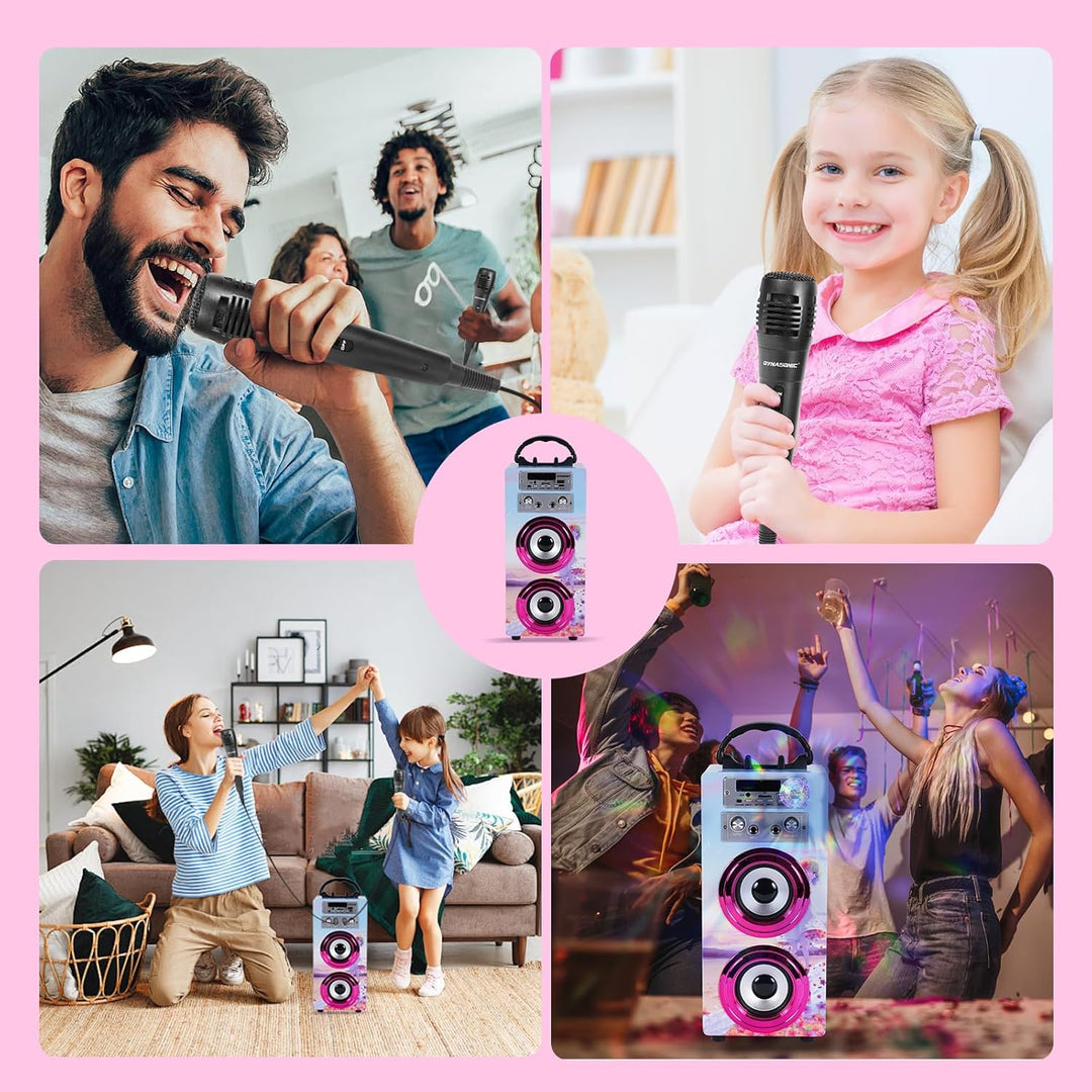 DYNASONIC Karaoke mit 2 Mikrofonen, tragbarer Karaoke-Maschine, Bluetooth-Lautsprecher, USB- und SD-