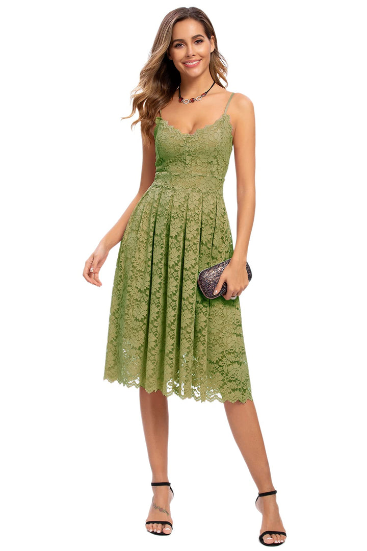 Atnlewhi Damen Vintage ärmellosen V-Ausschnitt A-Linie Kleid Blumen Knielang Spitzenkleid Brautjungf