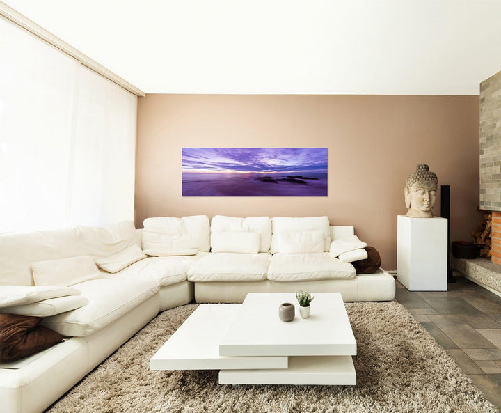 Paul Sinus Art Panoramabild auf Leinwand und Keilrahmen 150x50cm Meer Steine Wolken Sonnenuntergang