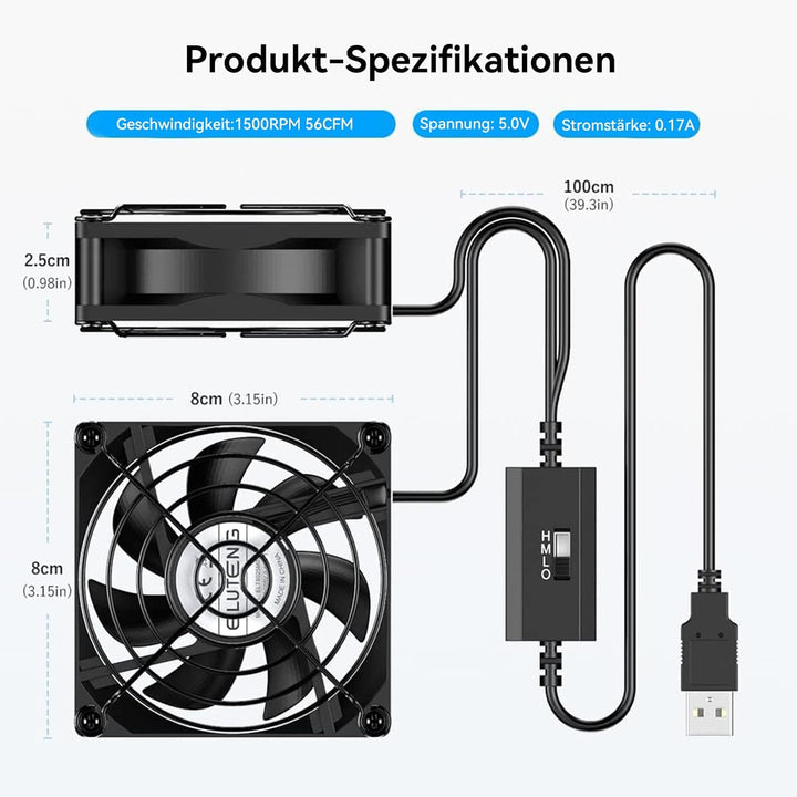 ELUTENG Doppel PC Lüfter USB 80mm mit 3 Geschwindigkeit Einstellbar 8cm Computer Lüfter USB 2 in 1 M