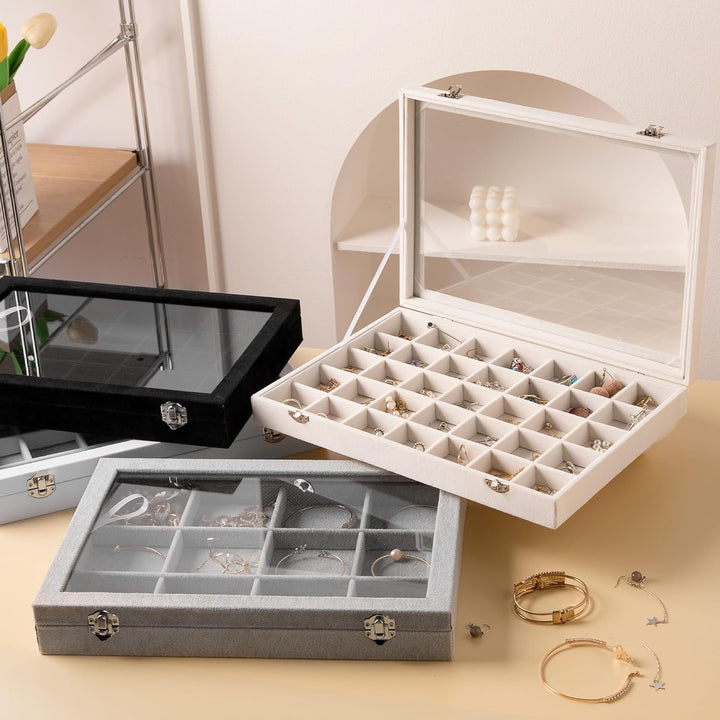 Frebeauty Samt Schmucktablett 24 Gitter Schmuck Organizer mit durchsichtigem Deckel Ohrring Organize