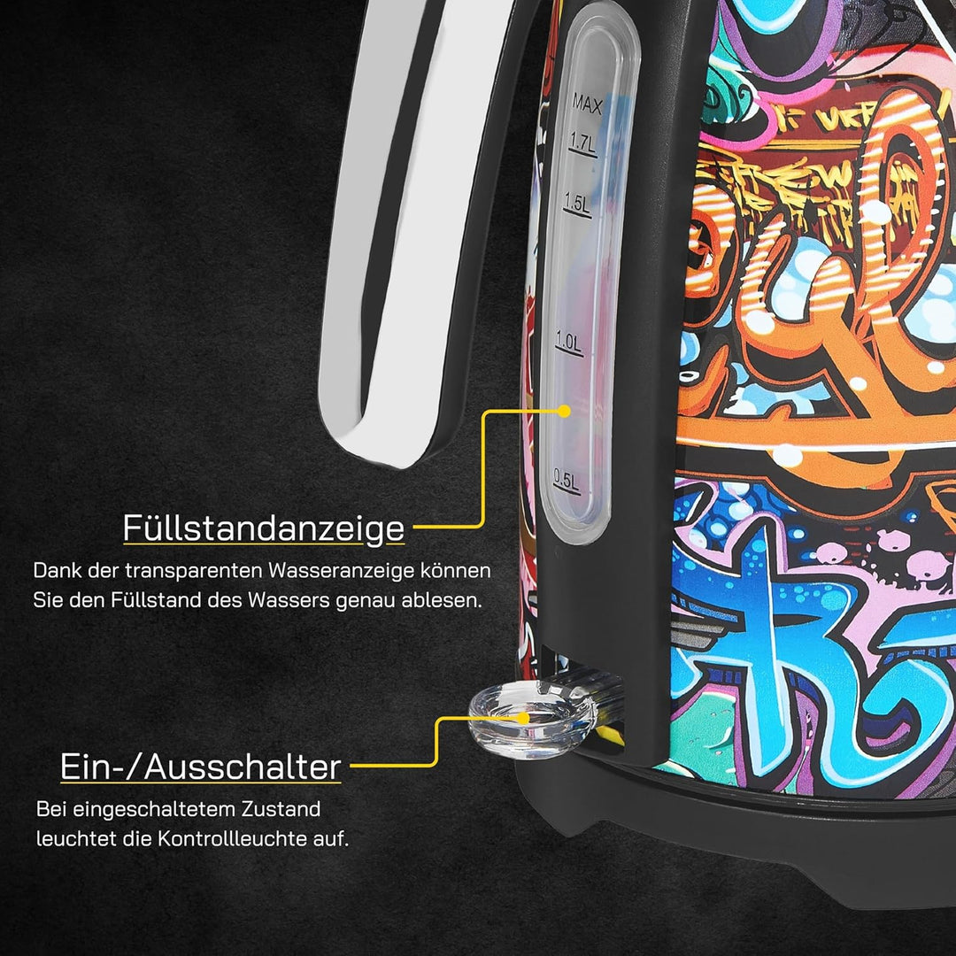 GUTFELS Wasserkocher WATER 3010 G | Elektrischer Wasserkocher 1,7 Liter Graffiti-Style | 2200 Watt |