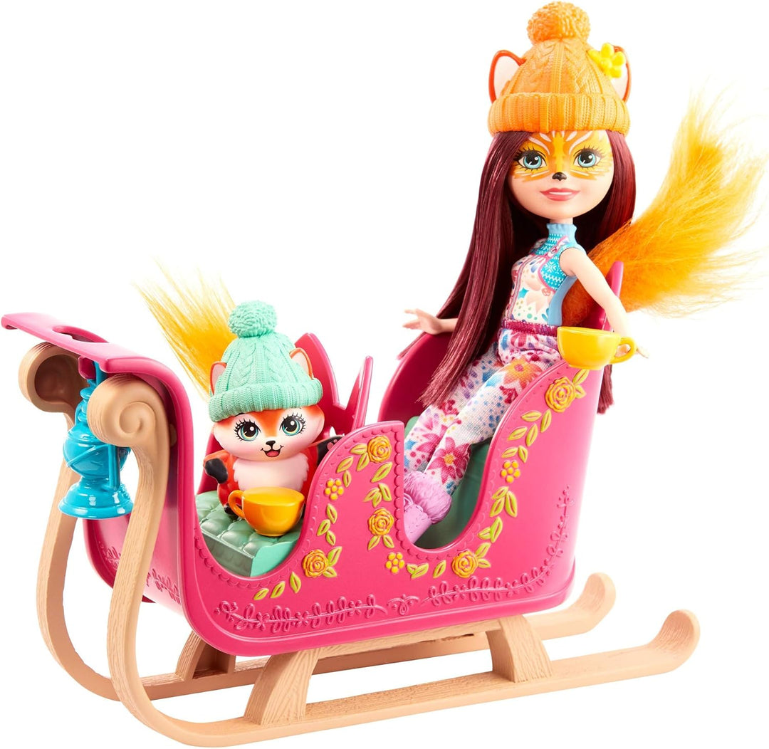 Enchantimals GJX31 - Schlittenfreunde Set mit Felicity Fox Puppe (15,24 cm), Tierfigur Flick, Schlit