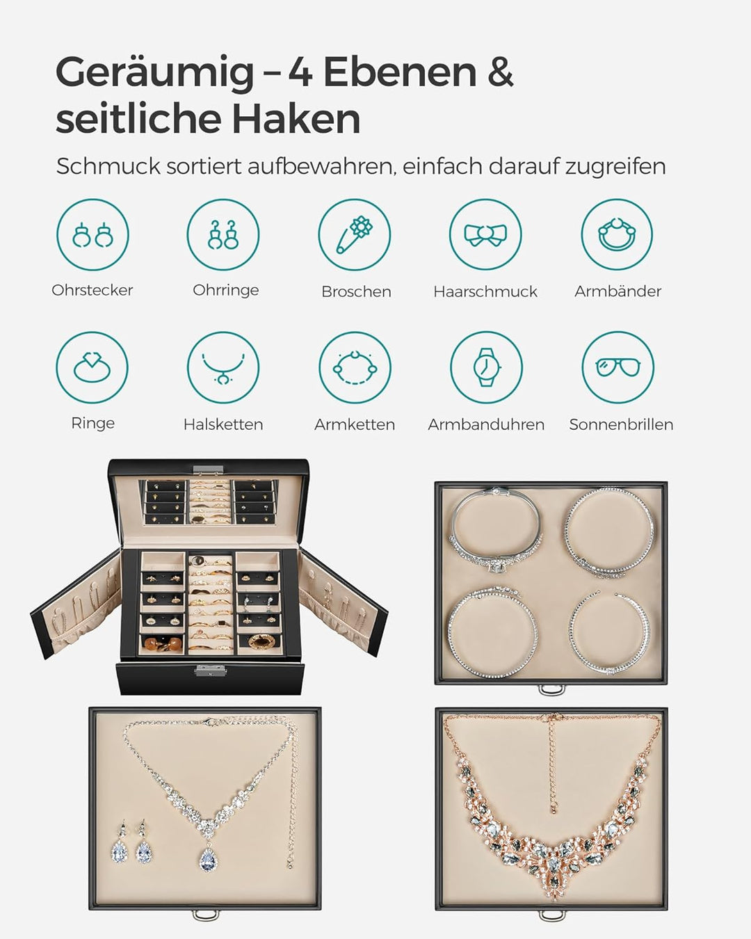 SONGMICS Schmuckkästchen 4 Ebenen, Schmuckkasten mit 3 Schubladen, viel Stauraum, innen mit Spiegel,