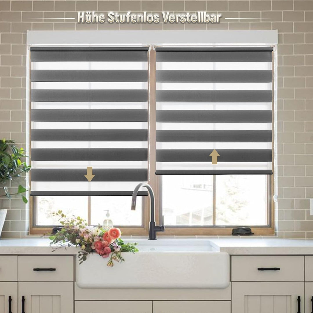 Deswell Doppelrollo Klemmfix ohne Bohren Anthrazit B40 x H120 cm (Stoffbreite 36cm) Rollos für Fenst