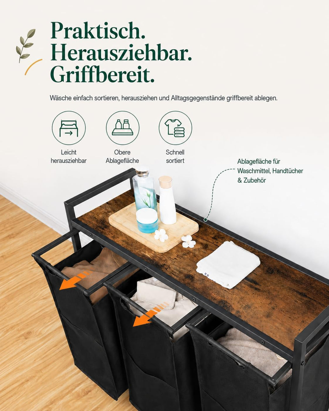 HOOBRO Wäschekorb 3 Fächer mit Ablage und Rollen, 119,4 L | Masse: 84 x 33 x 74,5 cm, 3 x 39,8 L Wäs