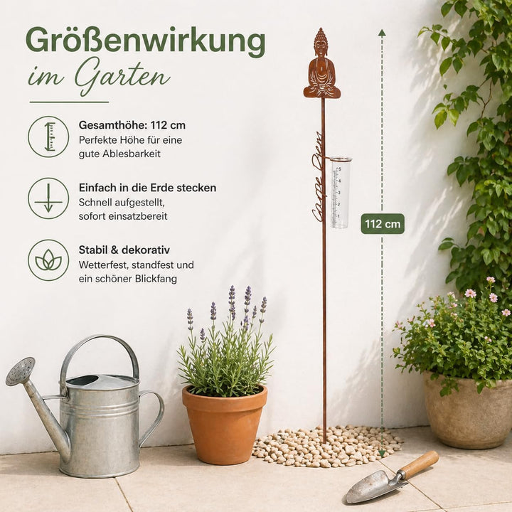 Regenmesser Mit Erdspiess Buddha-Form Carpe Diem Schriftzug Gartenstab Garten Gartendekoration Vinta