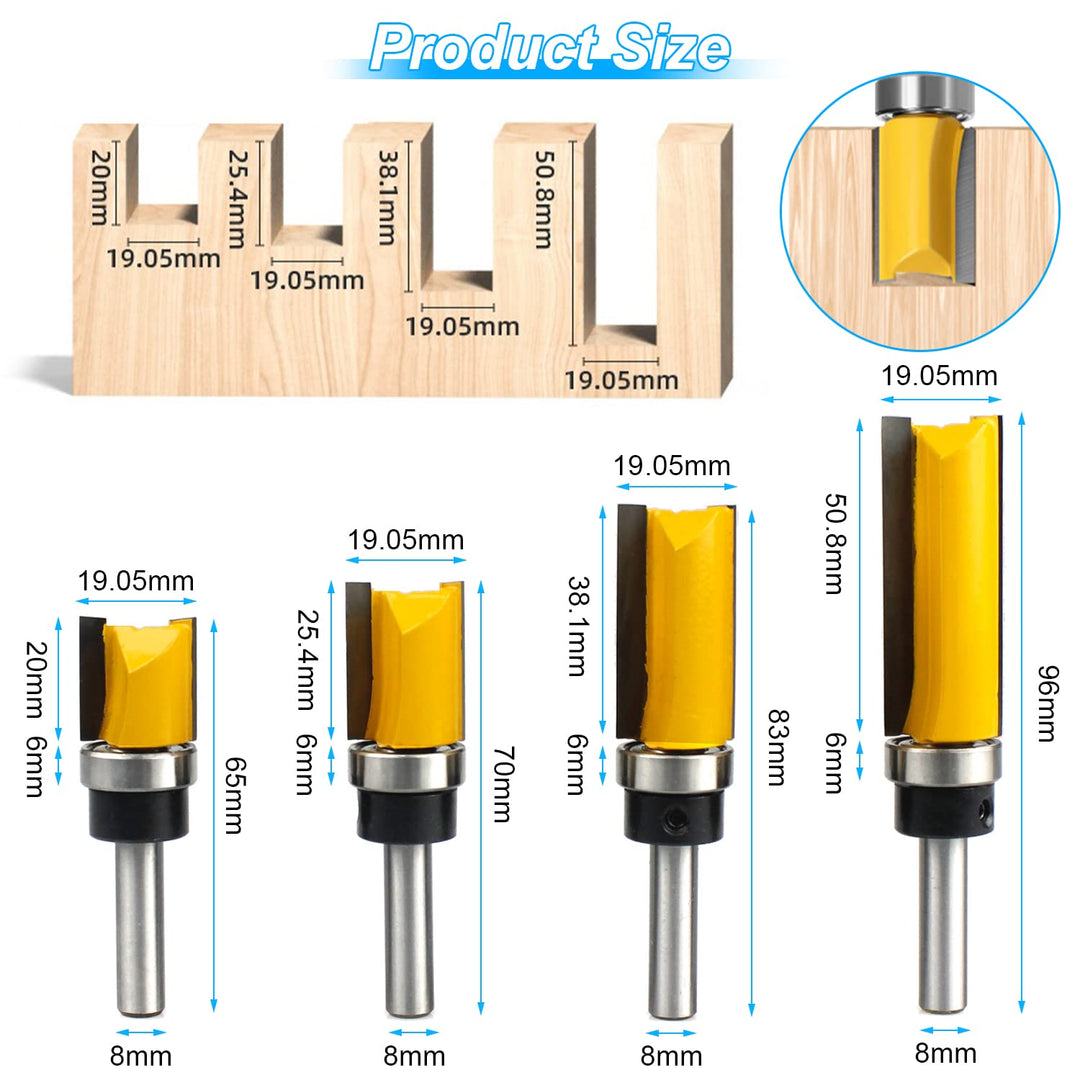 4 Stück 8mm Bündigfräser Schaft Fräser Oberfräser, 8 mm Schaft Bündigfräser, mit Kugellagern, Werkze