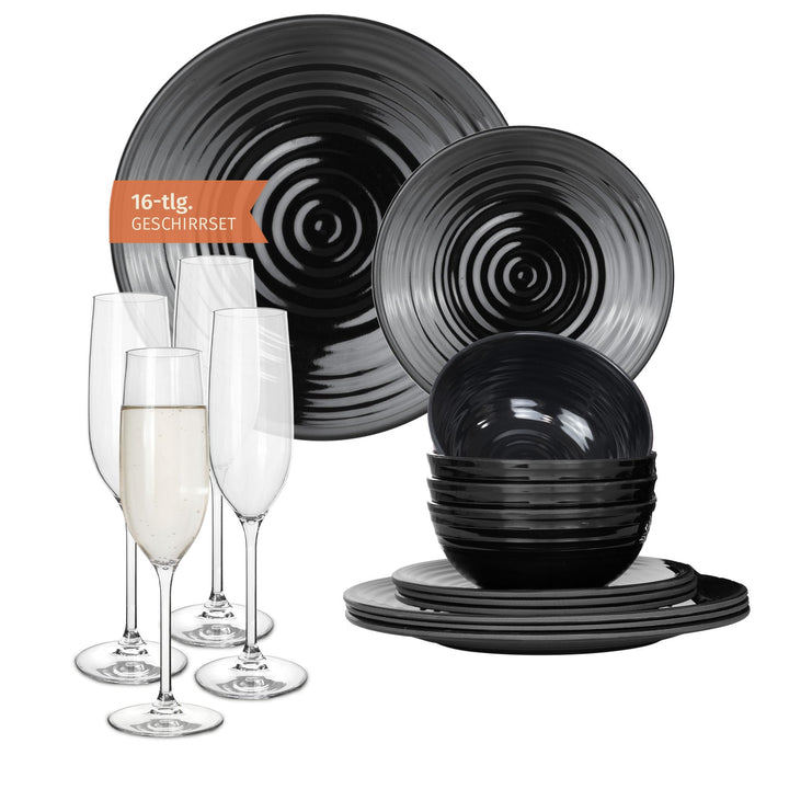 Melamin Camping Geschirr Set 4 Personen Stone Dark Black + 4 Timo Champgner Gläser Flûtes Tafelgesch